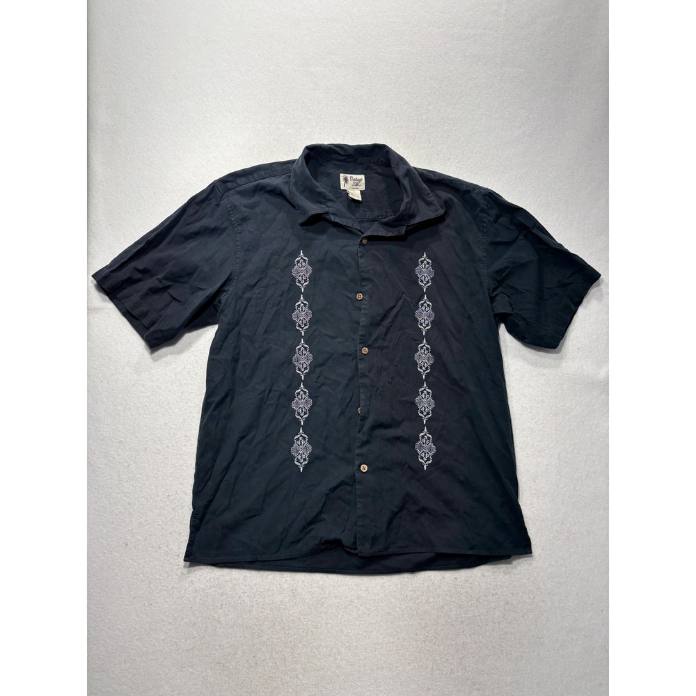 Vintage Silk Shirt Mens Large Blue Embroidered Short Sleeve Button Up Casual